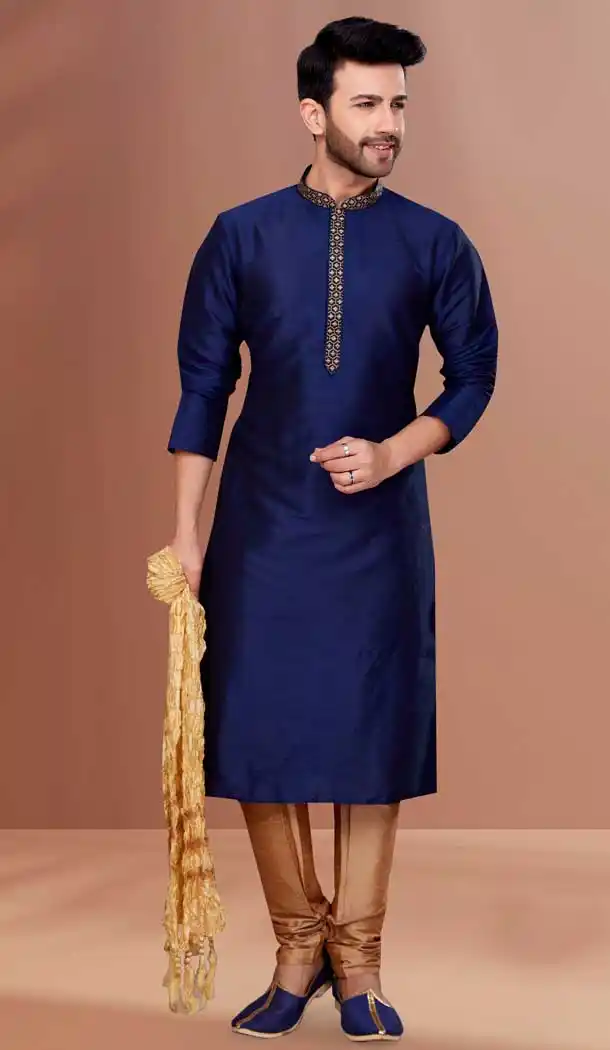 Navy Blue Color Banarasi Dhupion Resham And Zari Work Festival Wear Men's Kurta Pajama -5401161856