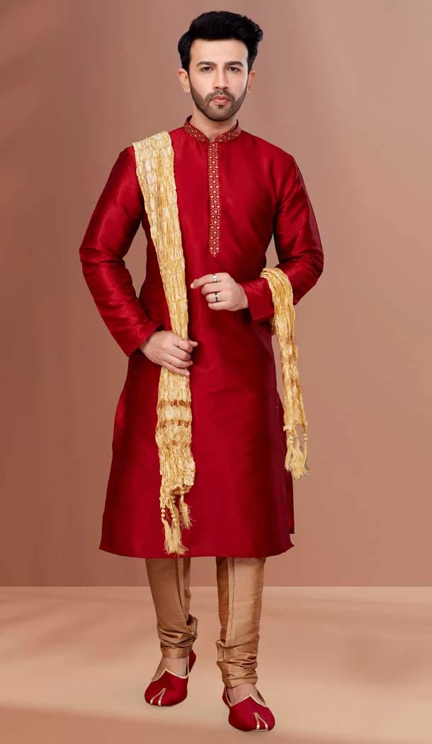Red Color Banarasi Dhupion Resham And Zari Work Festival Wear Men's Kurta Pajama -5401161857