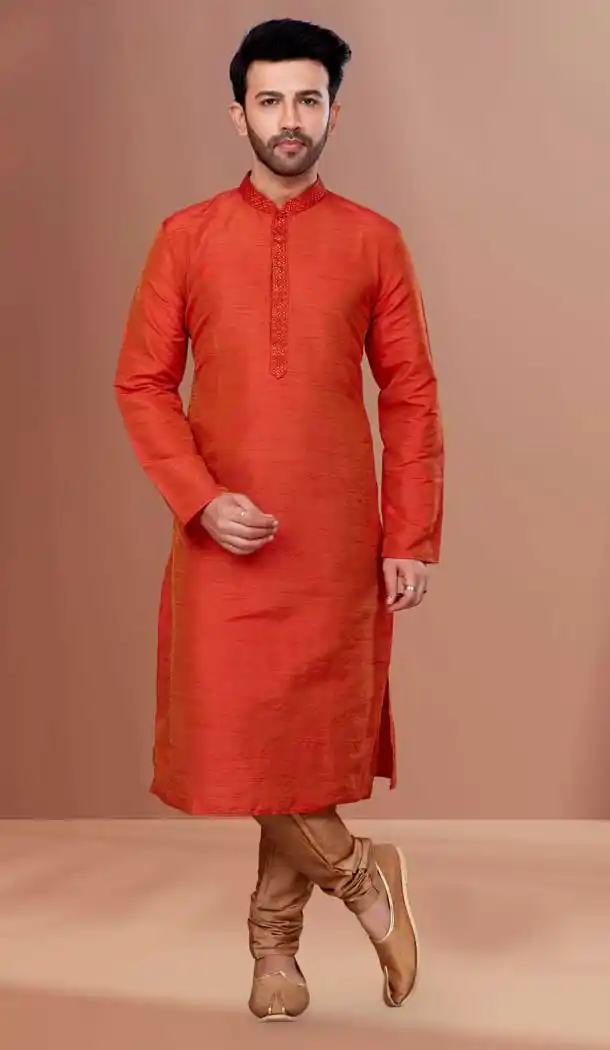 Orange Color Banarasi Dhupion Resham And Zari Work Festival Wear Men's Kurta Pajama -5401161858
