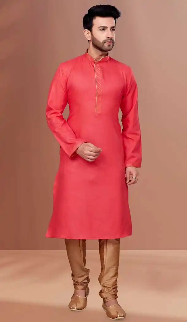 Magenta Color Cotton Reshm And Zari Work Festival Wear Men's Kurta Pajama -5401161861