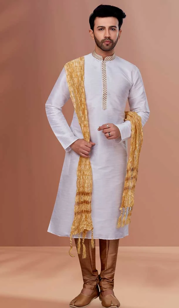White Color Banarasi Dhupion Resham And Zari Work Festival Wear Men's Kurta Pajama -5401161863