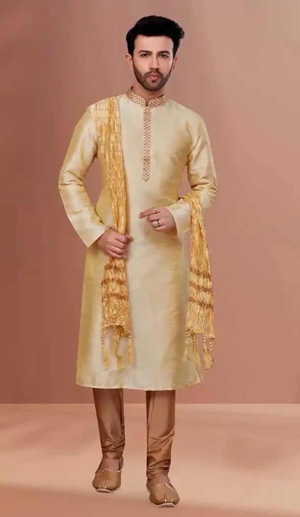 Gold Color Banarasi Dhupion Resham And Zari Work Festival Wear Men's Kurta Pajama -5401161865