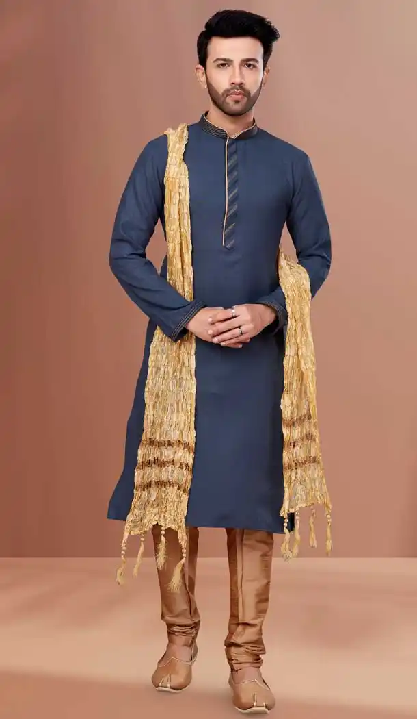 Grey Color Cotton Resham And Zari Work Festival Wear Men's Kurta Pajama -5401161867