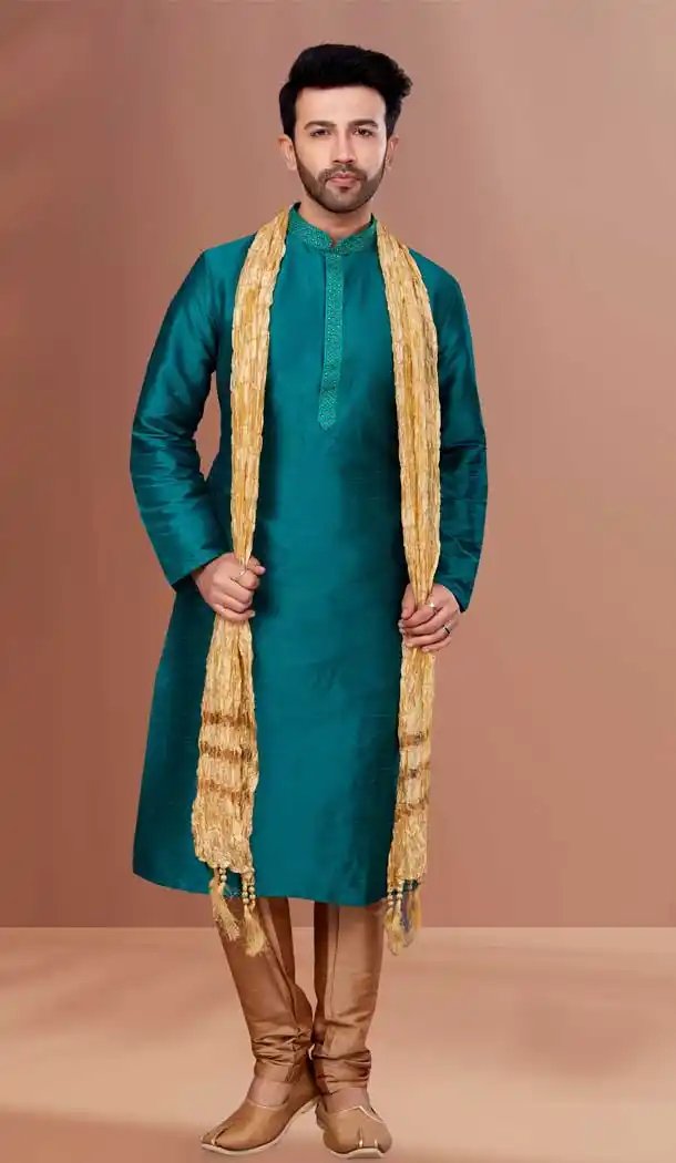 Green Color Banarasi Dhupion Resham And Zari Work Festival Wear Men's Kurta Pajama -5401161868