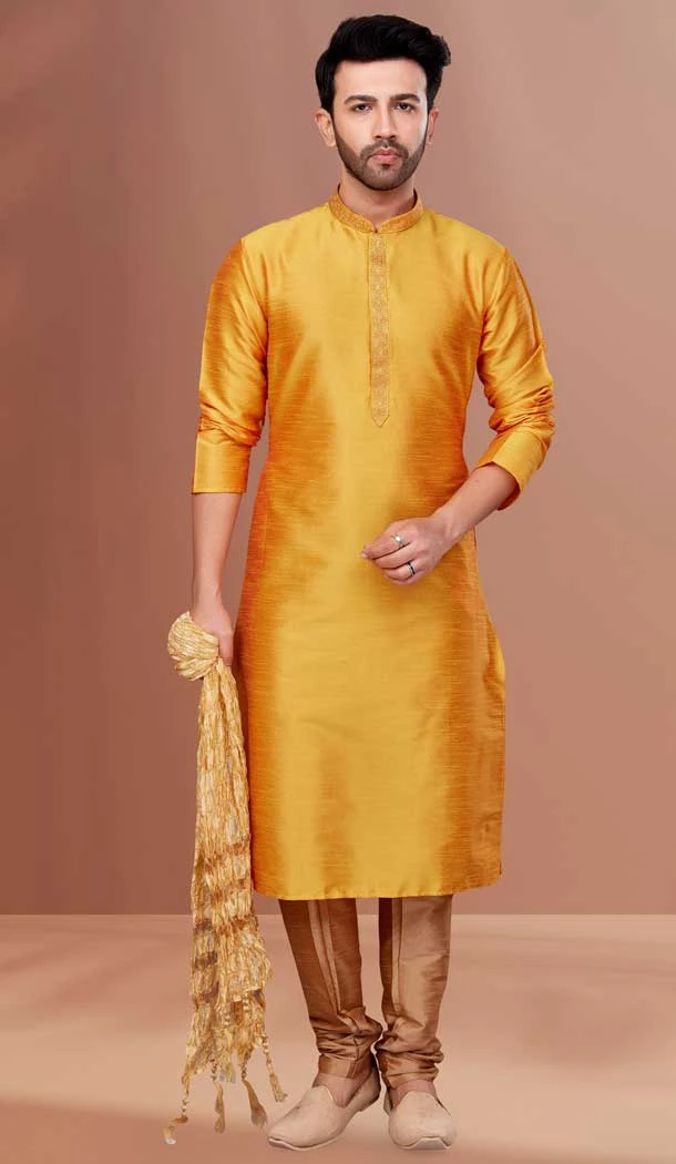Yellow Color Banarasi Dhupion Resham And Zari Work Festival Wear Men's Kurta Pajama -5401161870