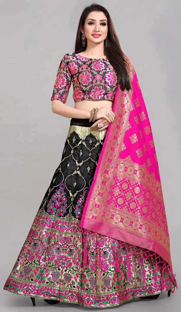 Black Color Banarasi Silk Jacquard Work Traditional Wear Lehenga Choli -5407161902