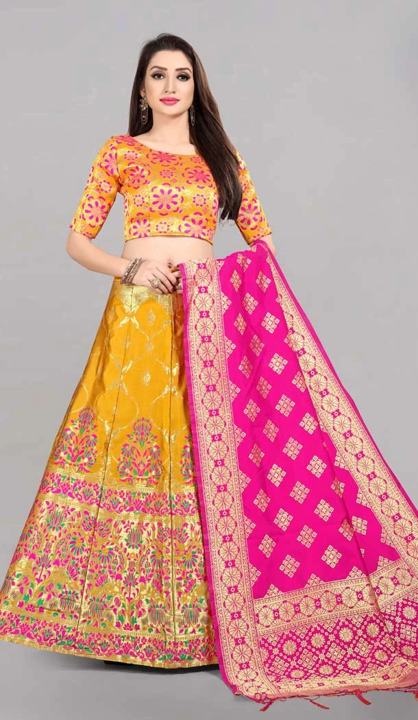 Mustard Color Banarasi Silk Jacquard Work Traditional Wear Lehenga Choli -5407161905