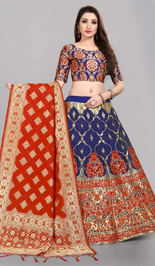 Navy Blue Color Banarasi Silk Jacquard Work Traditional Wear Lehenga Choli -5407161906