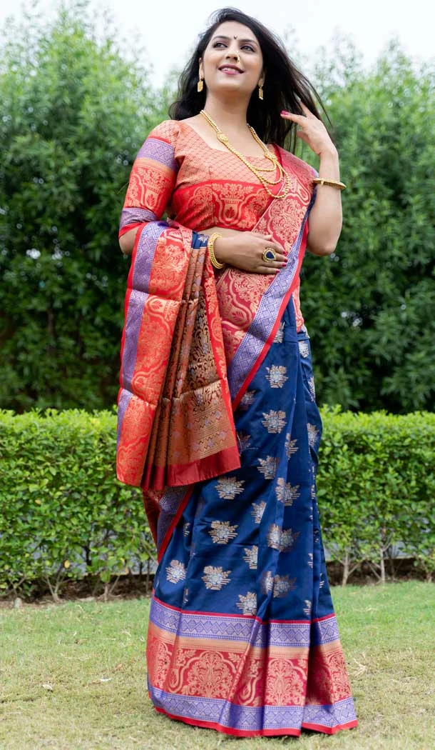 Kanchipuram Weaving Silk Navy Blue Color Jacquard Work Traditional Wear Saree -5414161946