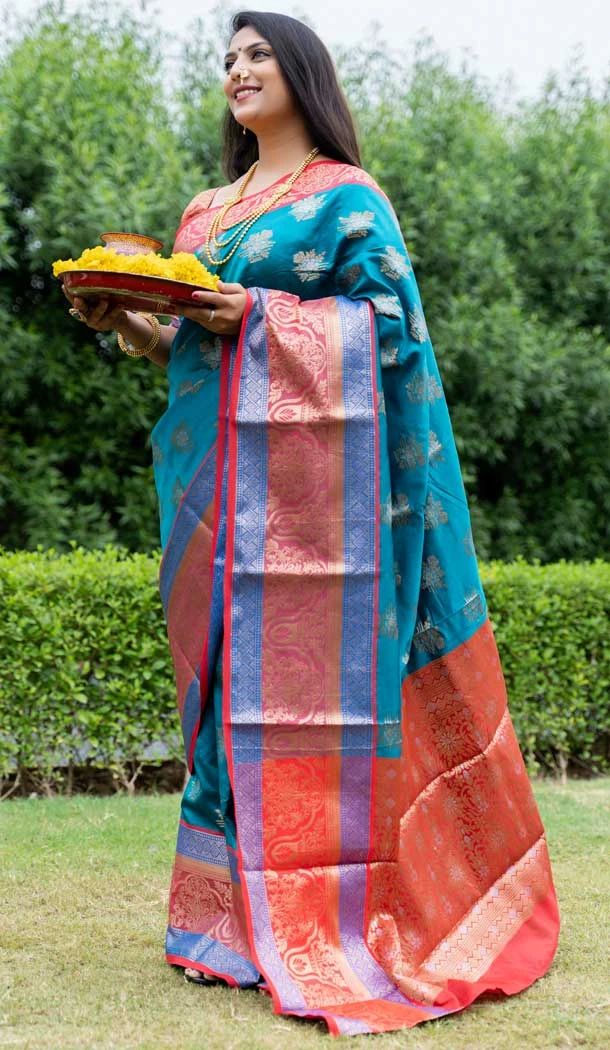 Kanchipuram Weaving Silk Rama Blue Color Jacquard Work Traditional Wear Saree -5414161947