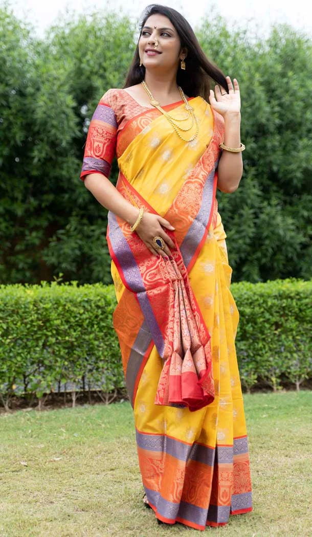 Kanchipuram Weaving Silk Yellow Color Jacquard Work Traditional Wear Saree -5414161948