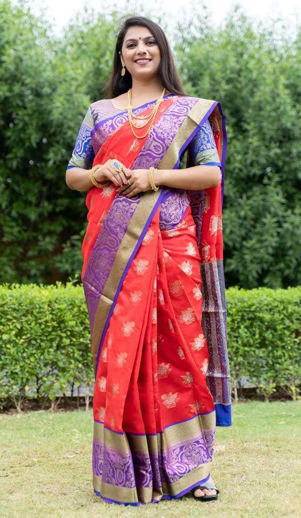 Kanchipuram Weaving Silk Red Color Jacquard Work Traditional Wear Saree -5414161950