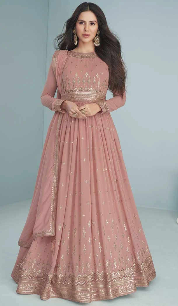 Peach Color Faux Georgette Thread Work Anarkali Style Salwar Kameez -5389161780