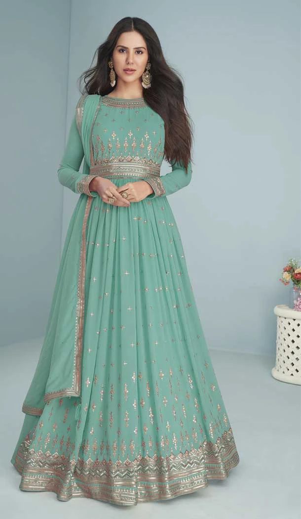 Sky Color Faux Georgette Thread Work Anarkali Style Salwar Kameez -5389161781