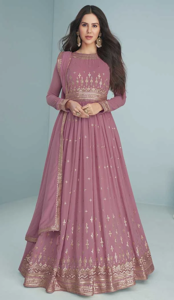 Purple Color Faux Georgette Thread Work Anarkali Style Salwar Kameez -5389161782