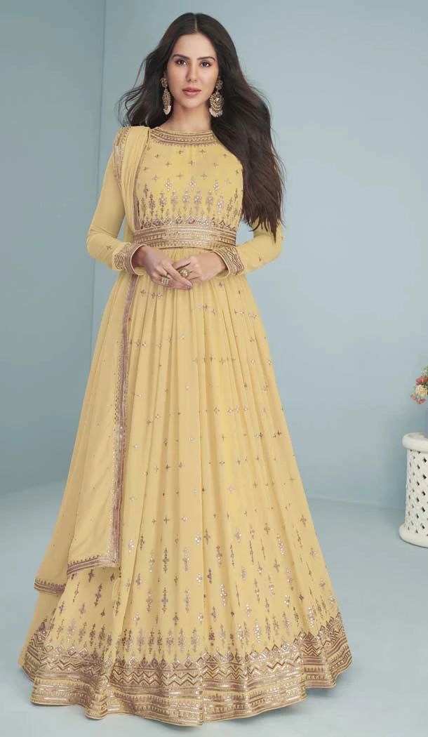 Yellow Color Faux Georgette Thread Work Anarkali Style Salwar Kameez -5389161783