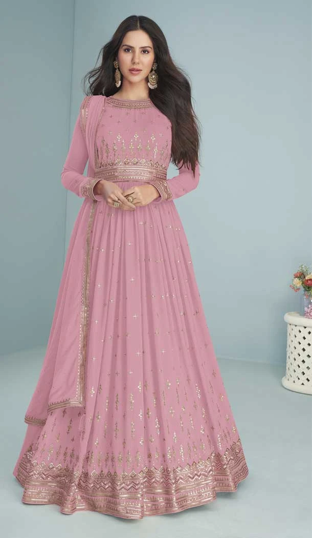 Pink Color Faux Georgette Thread Work Anarkali Style Salwar Kameez -5389161784