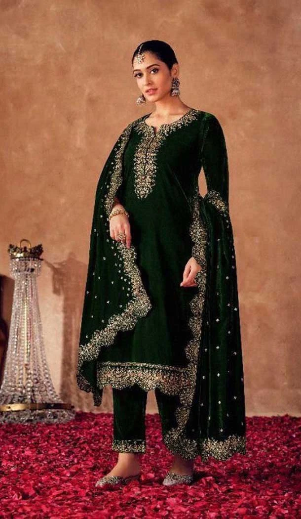Green Color Velvet Embroidery Work Pakistani Style Salwar Kameez -5392161795