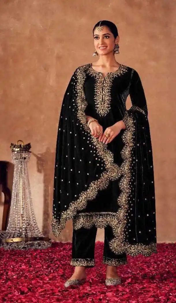 Black Color Velvet Embroidery Work Pakistani Style Salwar Kameez -5392161796