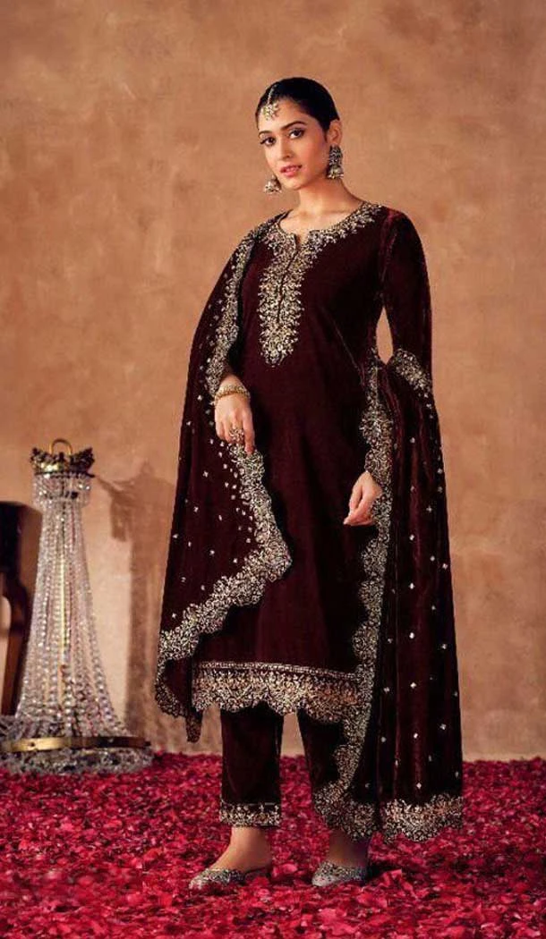 Maroon Color Velvet Embroidery Work Pakistani Style Salwar Kameez -5392161797