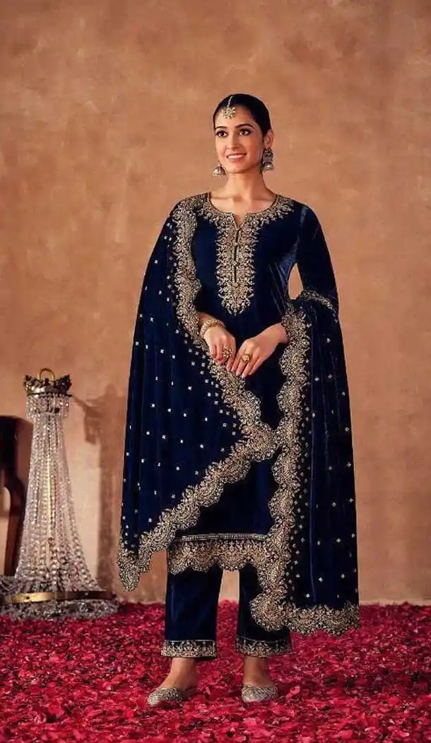 Navy Blue Color Velvet Embroidery Work Pakistani Style Salwar Kameez -5392161798