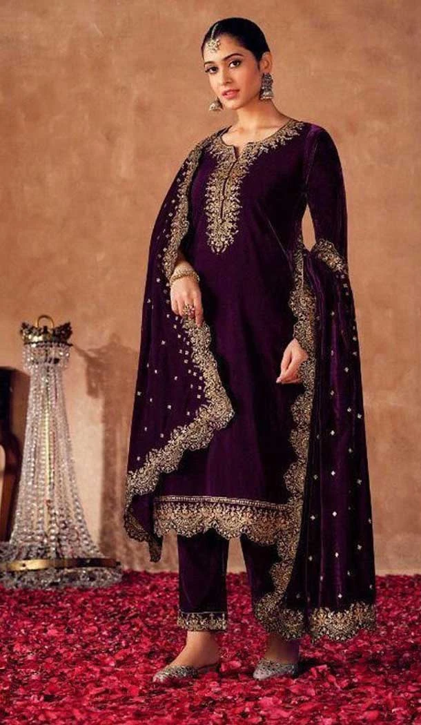 Purple Color Velvet Embroidery Work Pakistani Style Salwar Kameez -5392161799
