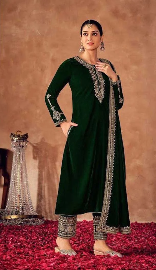 Velvet Green Color Sequins And Zari Work Pakistani Style Salwar Kameez -5392161800