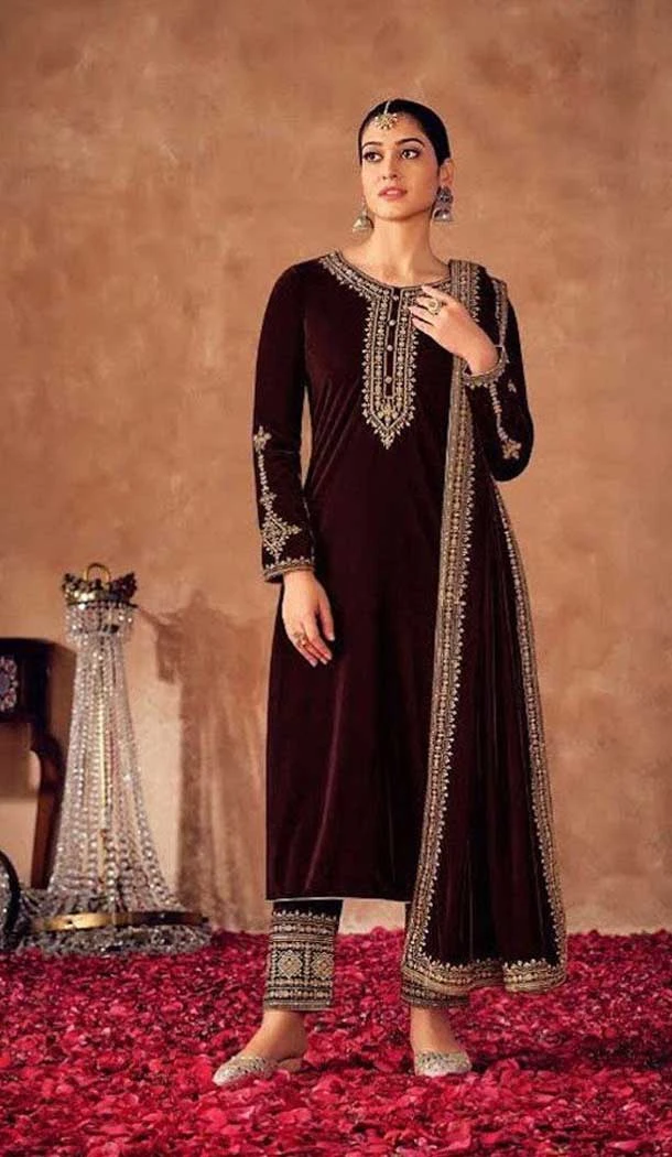 Velvet Maroon Color Sequins And Zari Work Pakistani Style Salwar Kameez -5392161801