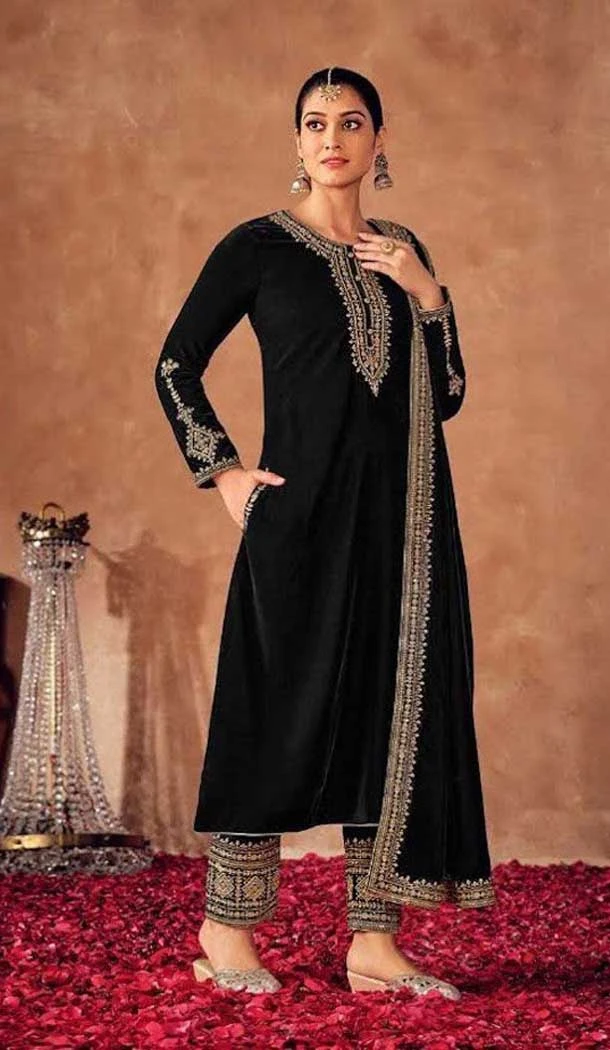 Velvet Black Color Sequins And Zari Work Pakistani Style Salwar Kameez -5392161802