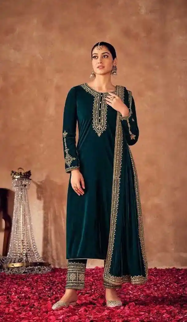 Rama Color Velvet Sequins And Zari Work Pakistani Style Salwar Kameez -5392161803