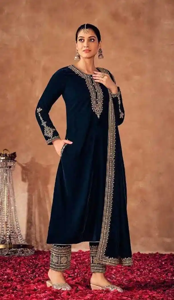 Velvet Navy Blue Color Sequins And Zari Work Pakistani Style Salwar Kameez -5392161804