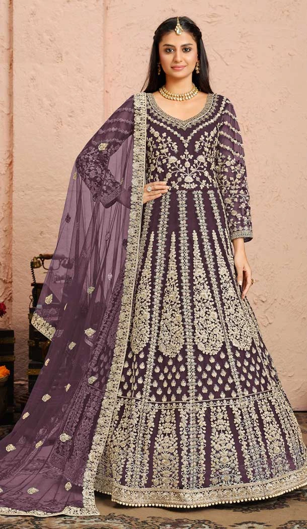 Mauve Color Net Embroidered Work Gown Style Anarkali Salwar Kameez -5393161807