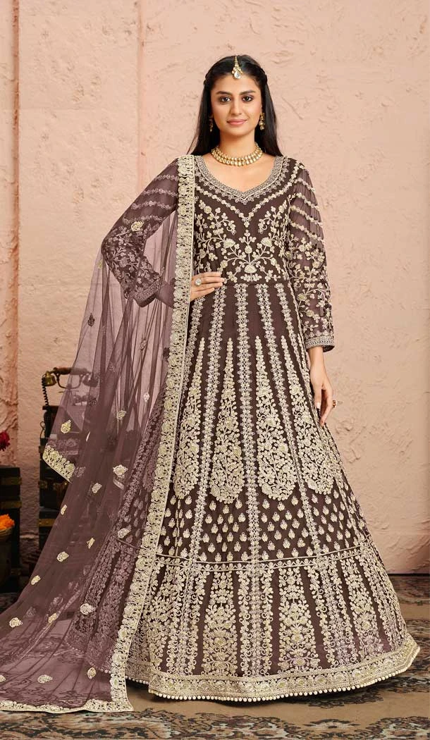 Beige Color Net Embroidered Work Gown Style Anarkali Salwar Kameez -5393161809