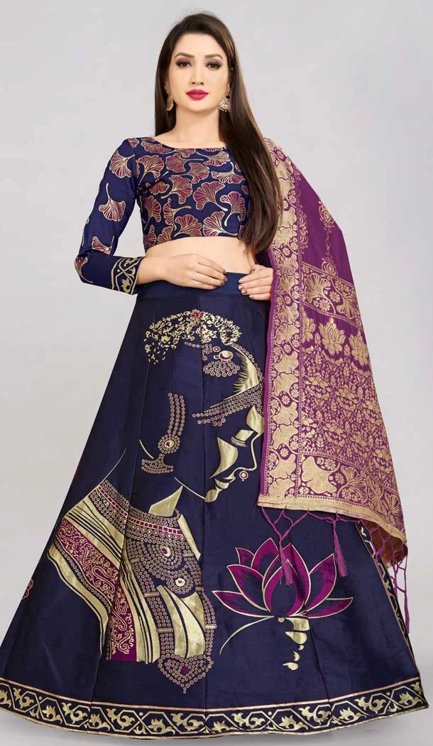 Party Wear Navy Blue Color Banarasi Silk Jacquard Work Party Lehenga Choli -5418161966