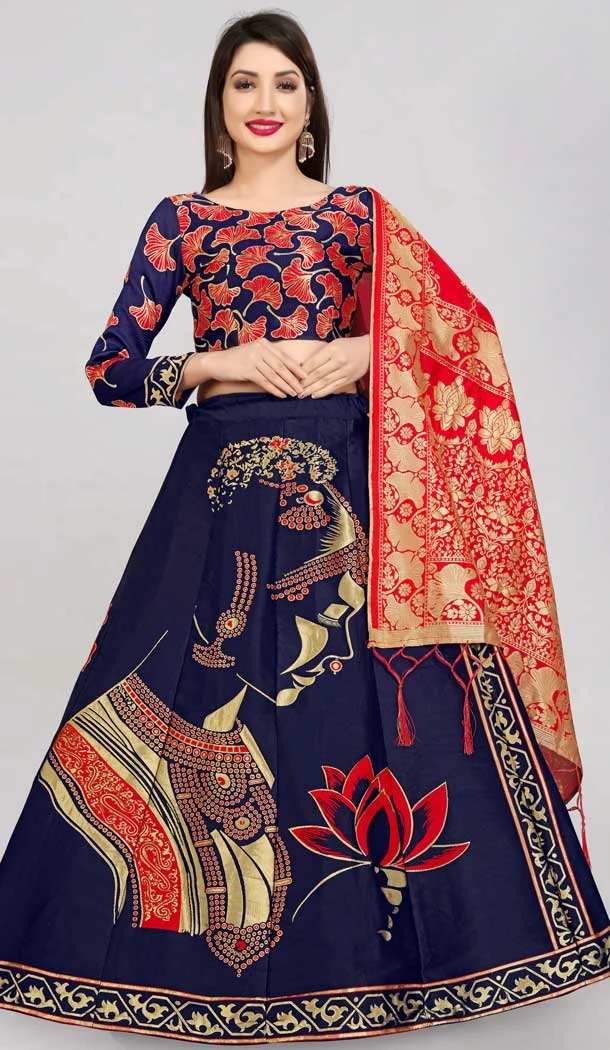 Navy Blue Color Party Wear Banarasi Silk Jacquard Work Party Lehenga Choli -5418161968