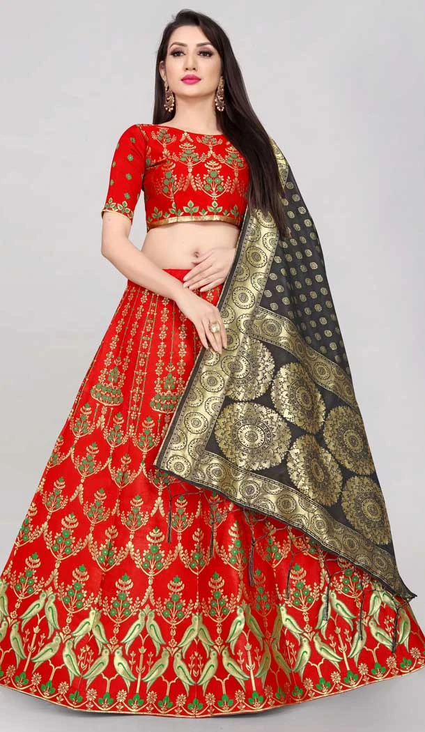 Red Color Banarasi Silk Jacquard Work Traditional Wear Lehenga Choli -5419161969