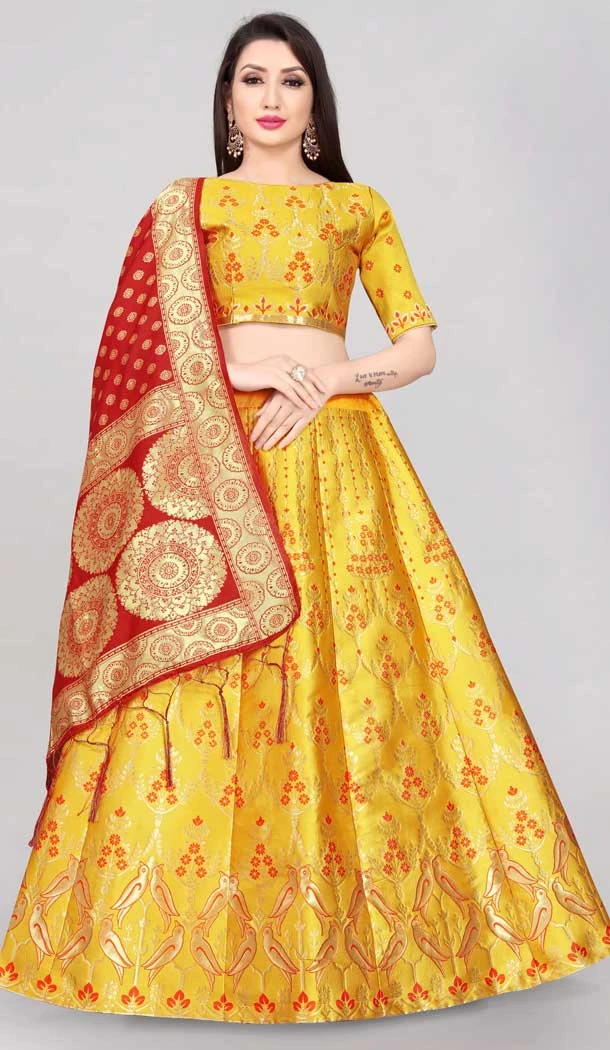 Yellow Color Banarasi Silk Jacquard Work Traditional Wear Lehenga Choli -5419161971