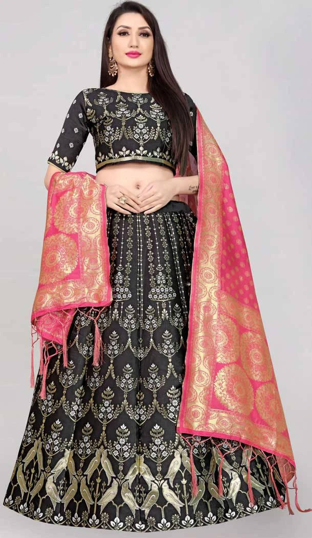 Black Color Banarasi Silk Jacquard Work Traditional Wear Lehenga Choli -5419161972
