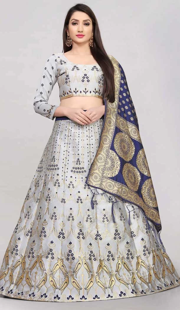 Light Grey Color Banarasi Silk Jacquard Work Traditional Wear Lehenga Choli -5419161973