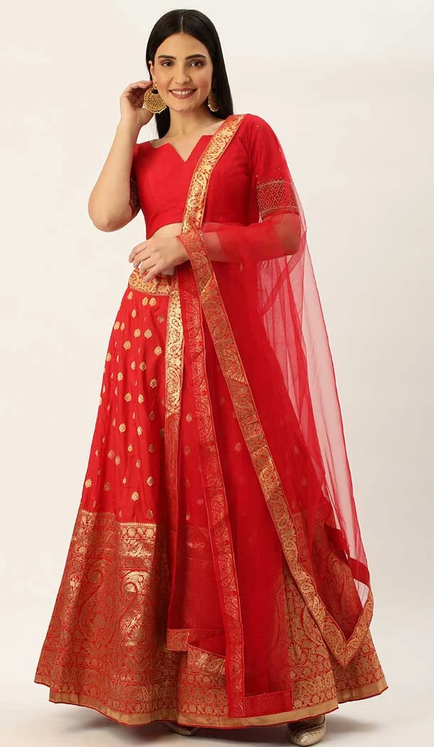 Red Color Jacquard Silk Weaving Zari Work Party Wear Designer Lehenga Choli -5433162077
