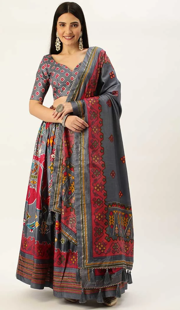 Grey Color Dola Silk Patola Print And Foil Work Function Wear Lehenga Choli -5434162078