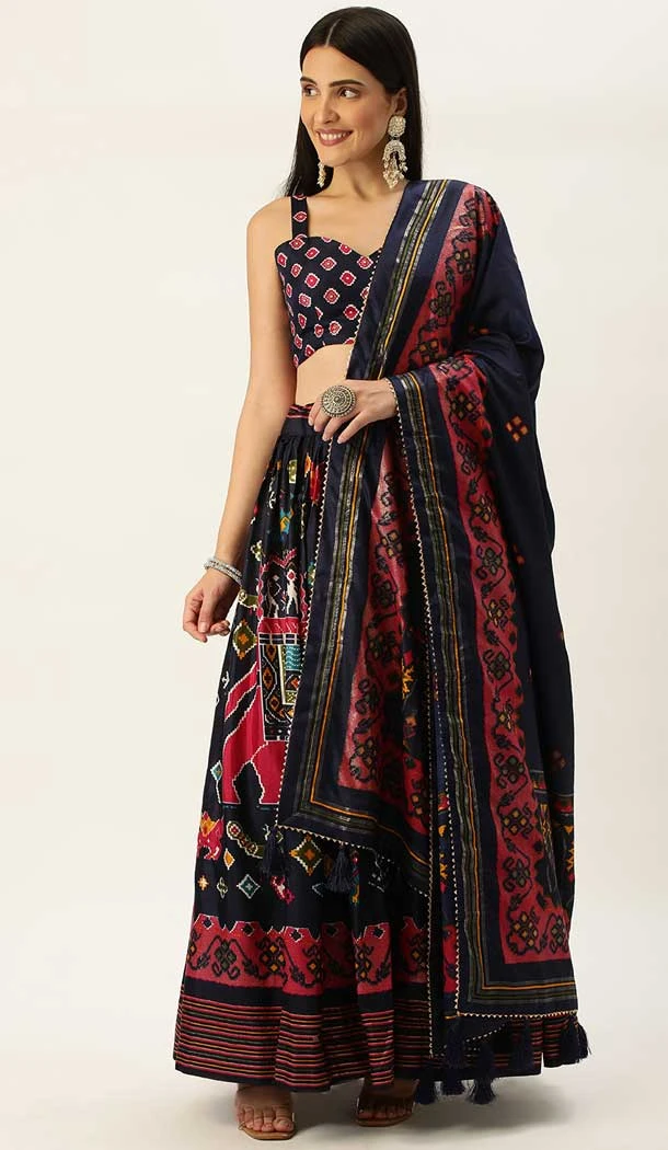 Navy Blue Color Dola Silk Patola Print And Foil Work Function Wear Lehenga Choli -5434162079