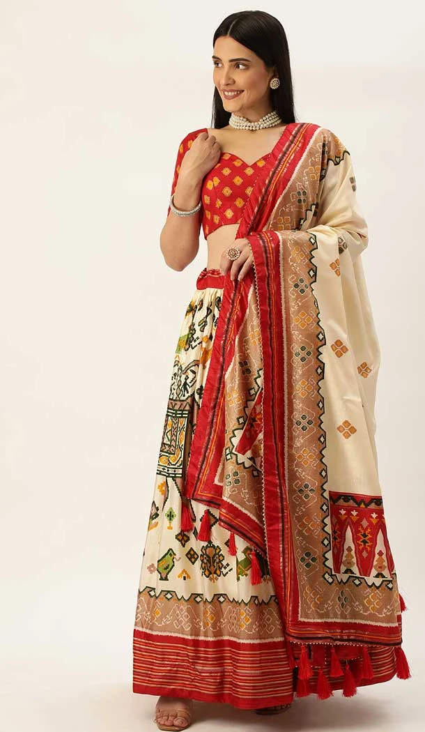 Cream Color Dola Silk Patola Print And Foil Work Function Wear Lehenga Choli -5434162081