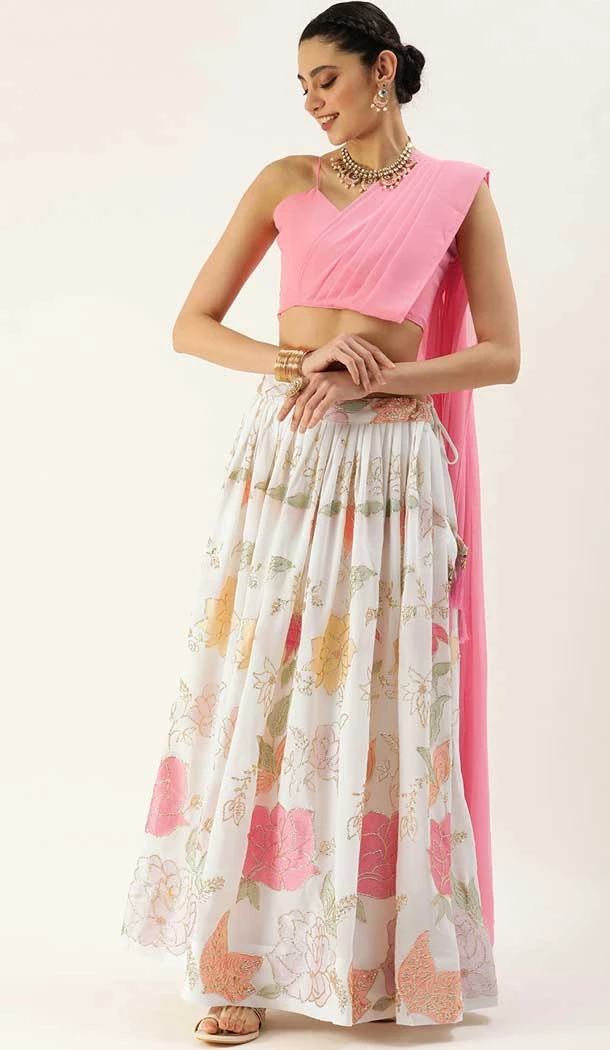 Party Wear White Color Georgette Embroidery Work Lehenga Choli -5435162083