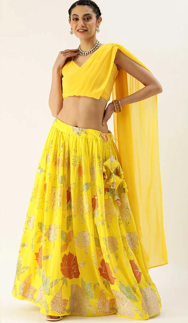 Party Wear Yellow Color Georgette Embroidery Work Lehenga Choli -5435162084