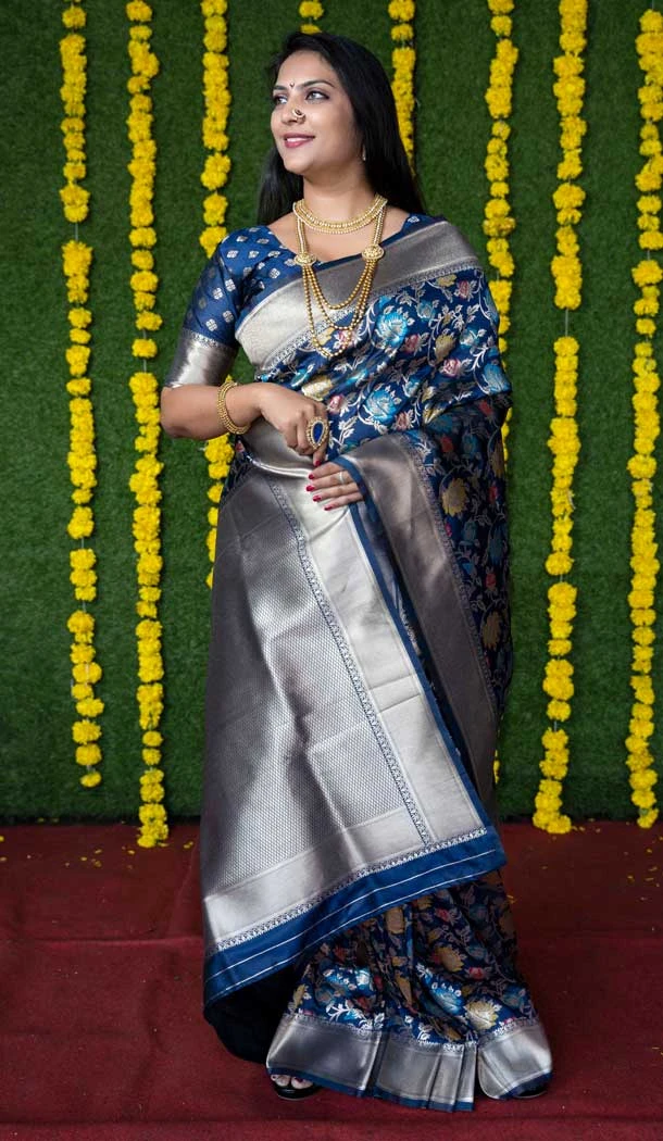Navy Blue Color Banarasi Silk Jacquard Work Traditional Party Wear Saree -5438162097 