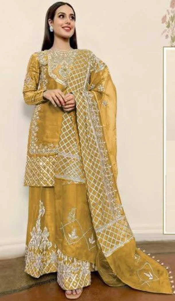 Yellow Color Organza Silk Hand Work Pakistani Style Palazzo Suit -5443162122