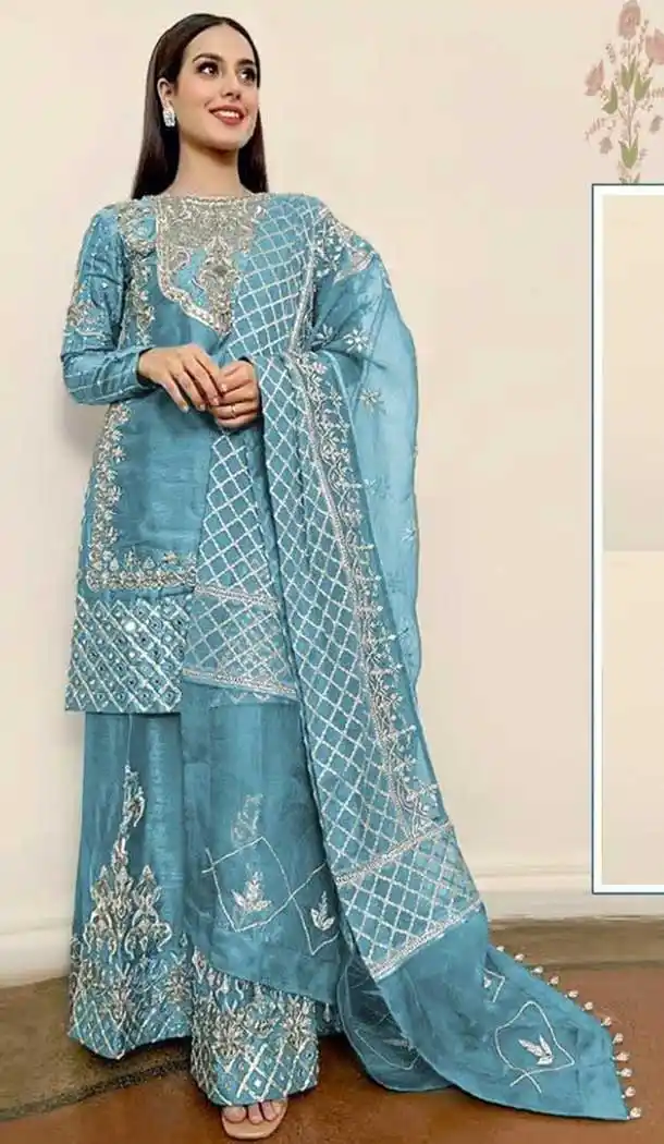 Sky Color Organza Silk Hand Work Pakistani Style Palazzo Suit -5443162123