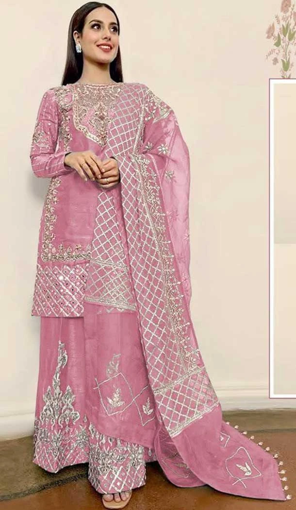 Pink Color Organza Silk Hand Work Pakistani Style Palazzo Suit -5443162124