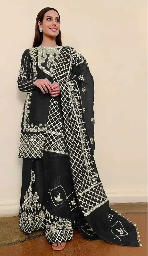 Black Color Organza Silk Hand Work Pakistani Style Palazzo Suit -5443162125